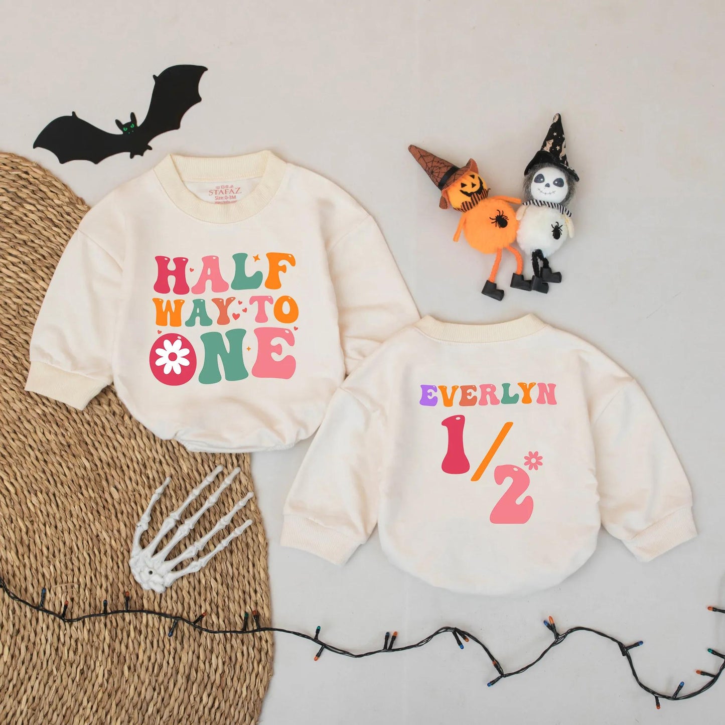 Personalized Retro 6 Month Baby Girl Romper, Halfway to One Bodysuit, Everlyn Name Custom Outfit, 70s Style Milestone Photo Gift