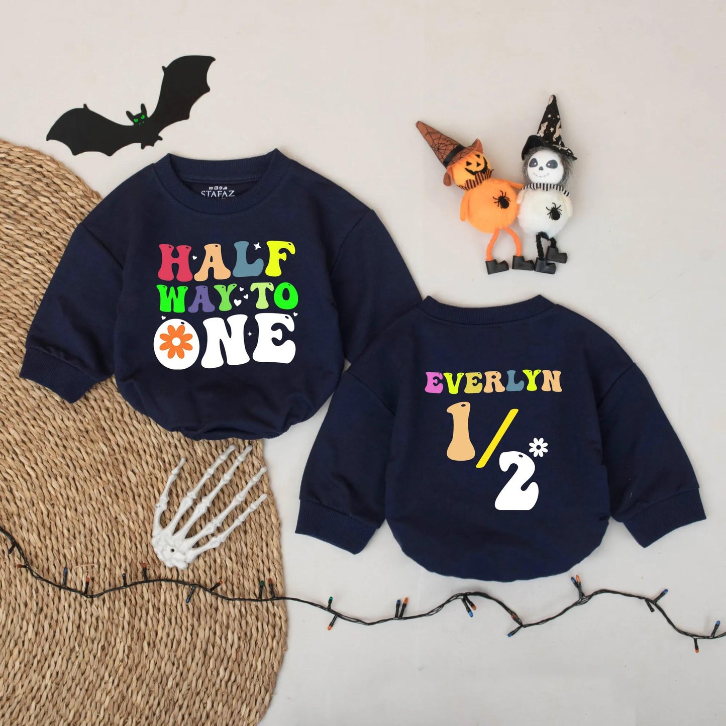 Personalized Retro 6 Month Baby Girl Romper, Halfway to One Bodysuit, Everlyn Name Custom Outfit, 70s Style Milestone Photo Gift
