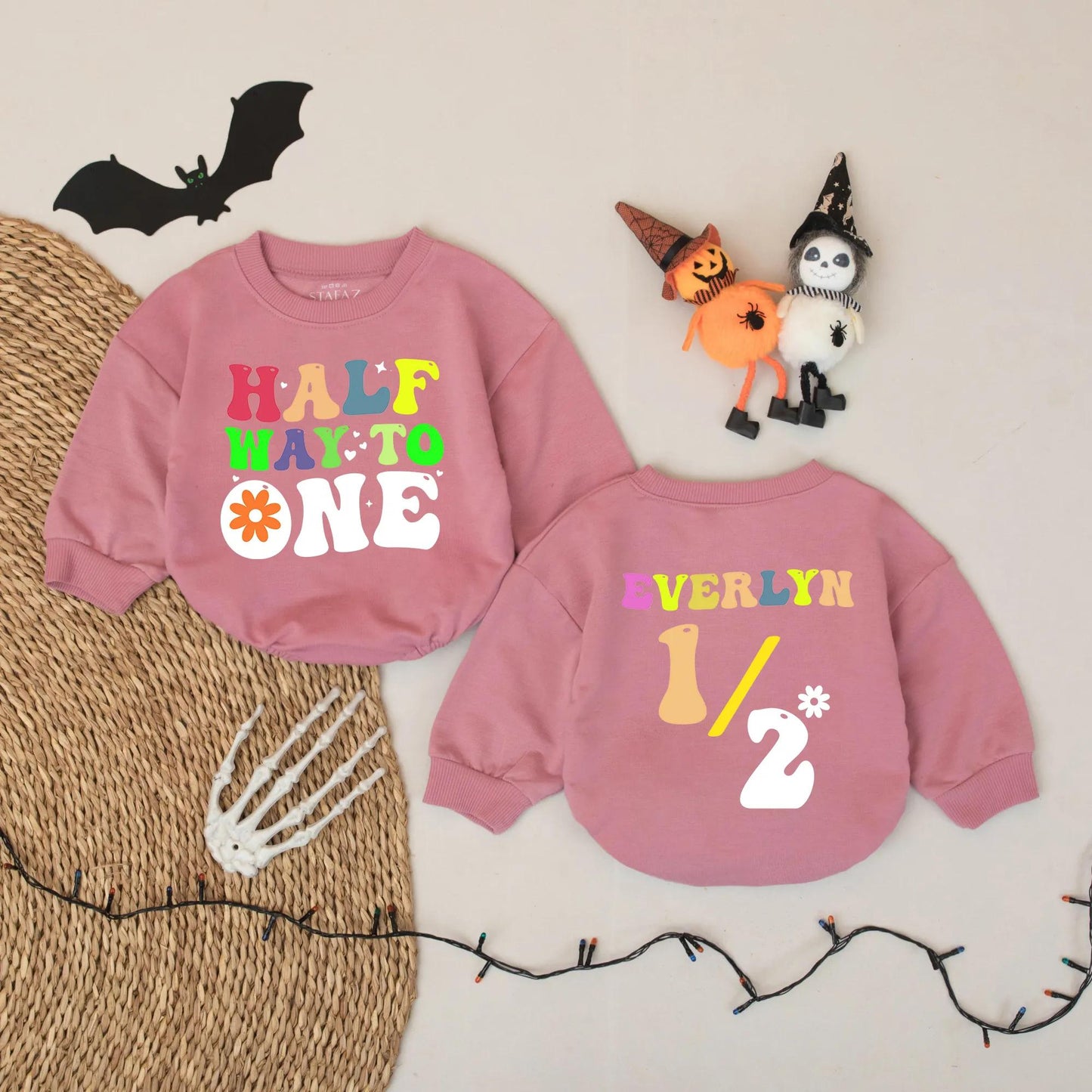 Personalized Retro 6 Month Baby Girl Romper, Halfway to One Bodysuit, Everlyn Name Custom Outfit, 70s Style Milestone Photo Gift