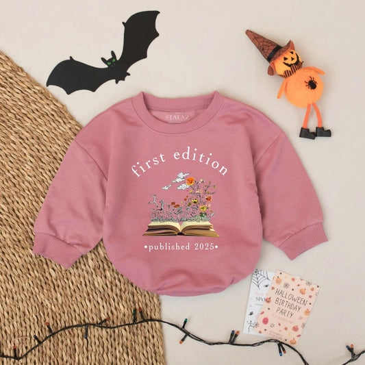 First Edition Baby Romper Published 2025 Whimsical Bookish Design Gold Brown Flowers Newborn Reader Outfit Baby Shower Gift