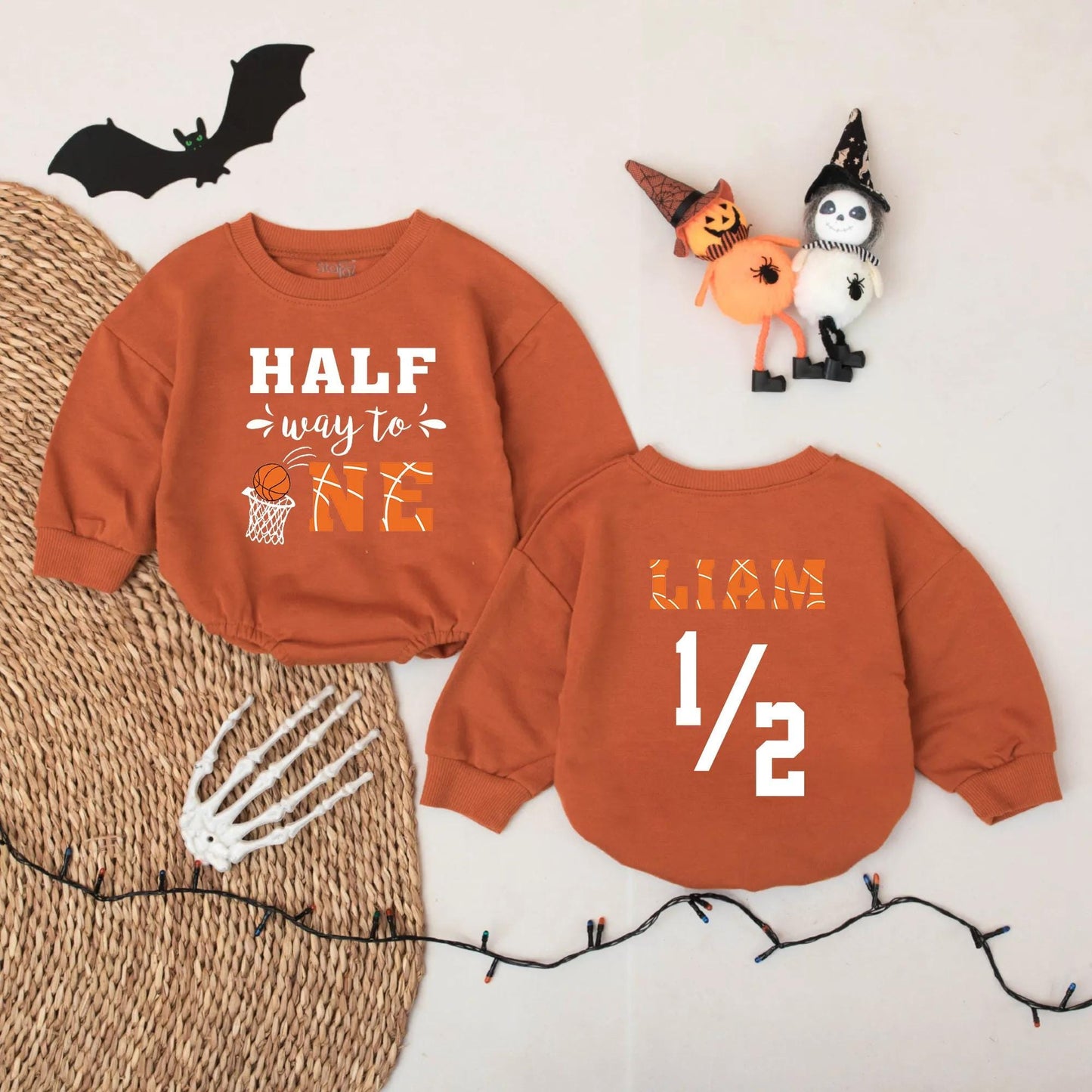 Halfway to One Basketball Baby Romper 6 Month Outfit Personalized Liam Boy Half Birthday Gift