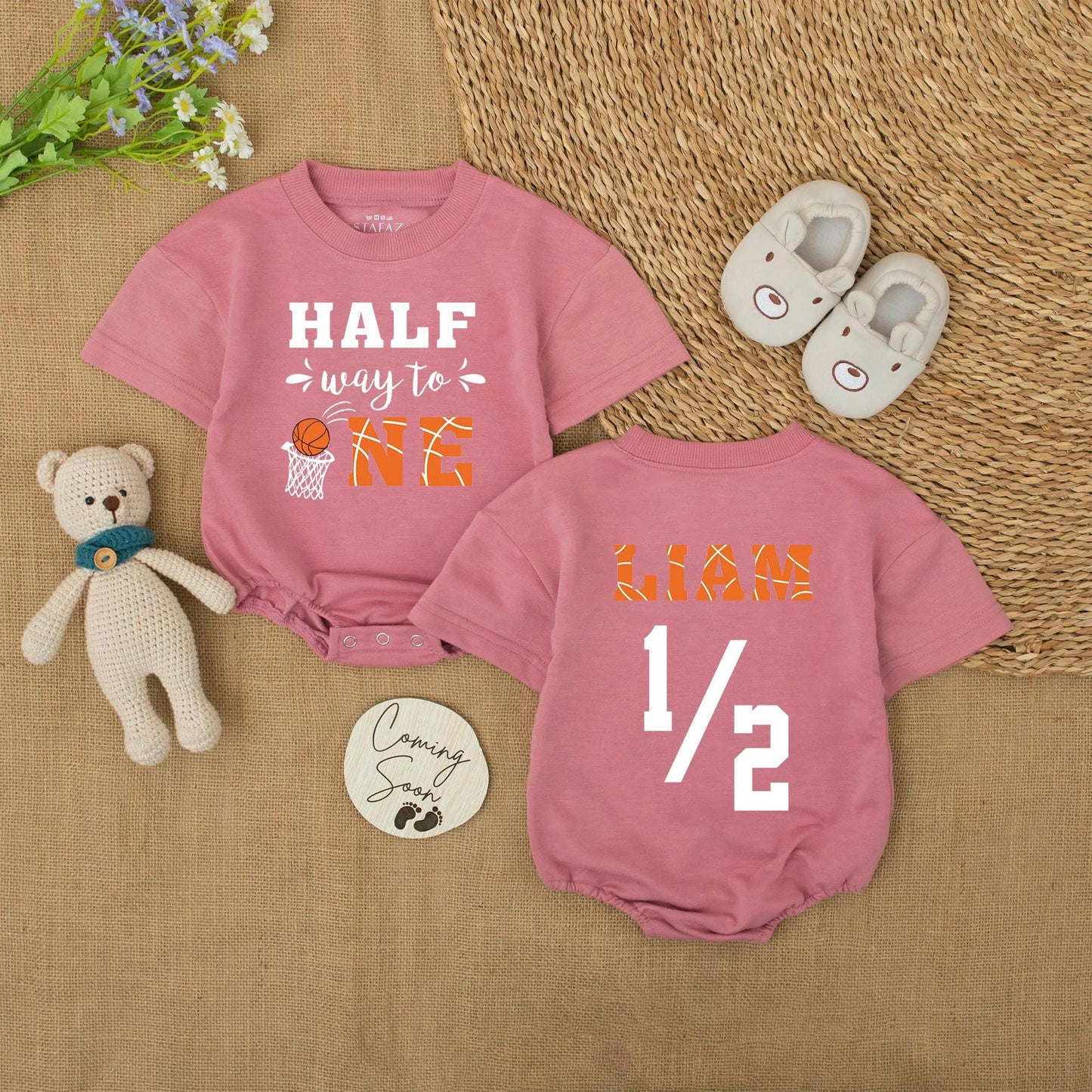 Halfway to One Basketball Baby Romper 6 Month Outfit Personalized Liam Boy Half Birthday Gift