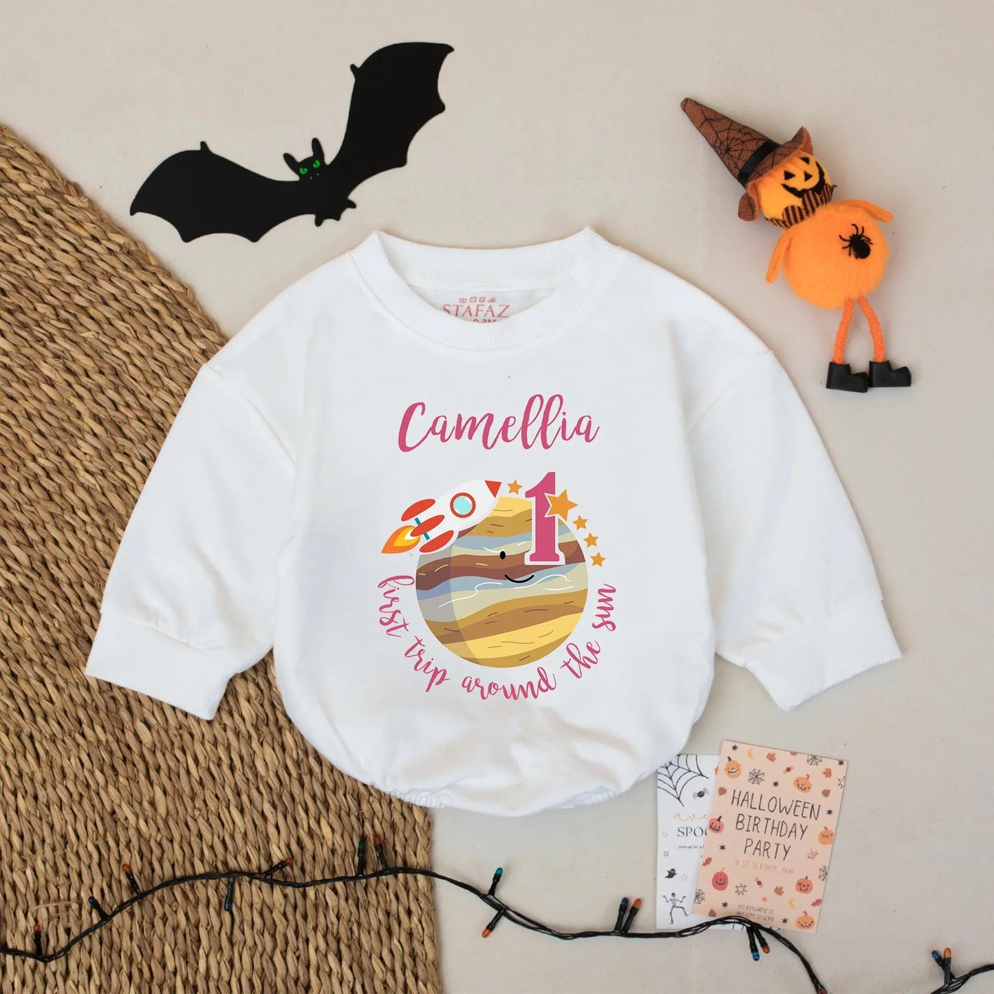 First Trip Around the Sun Baby Romper Custom Name 1st Birthday Outfit Rocket Planet Girl Bodysuit Camellia's First Year Gift