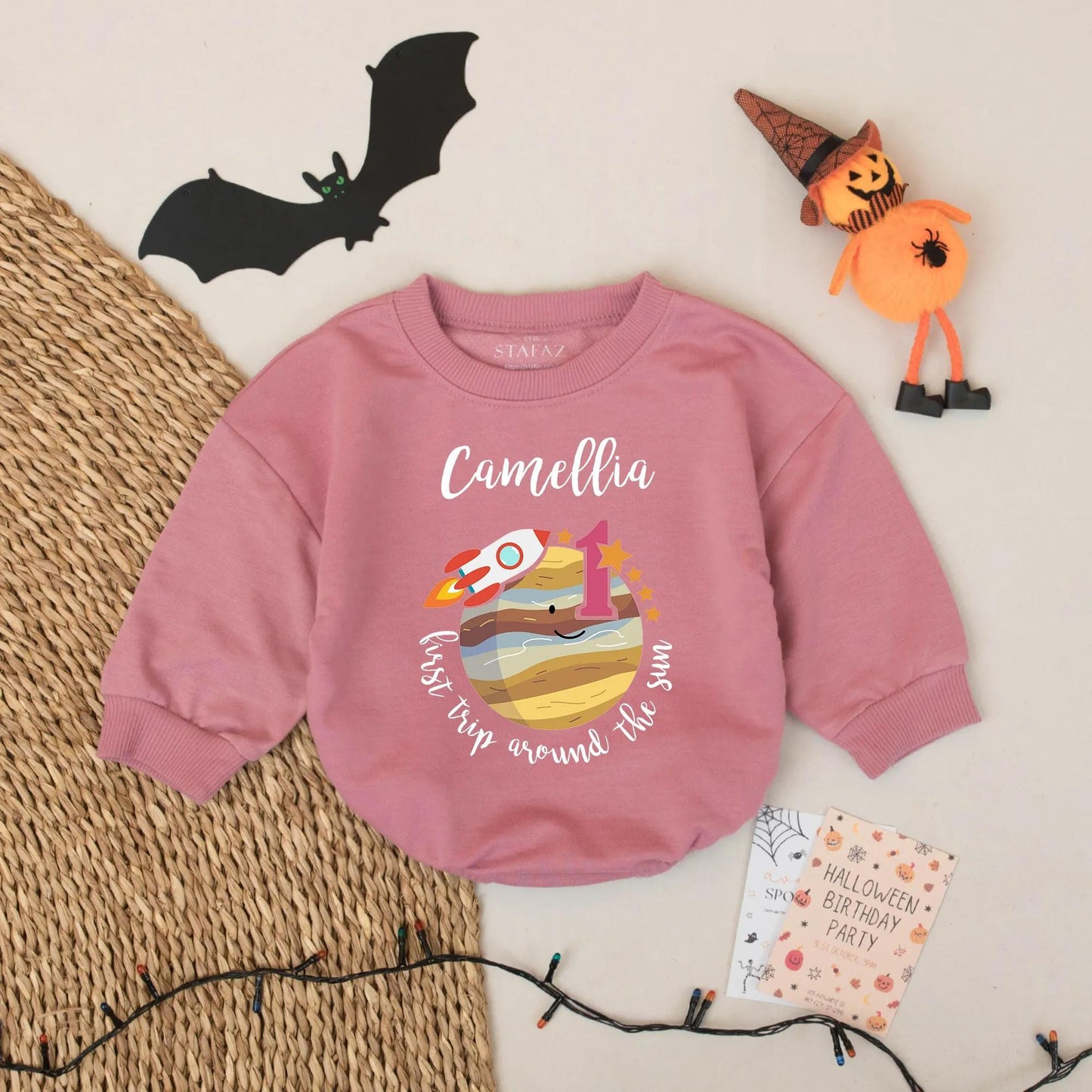 First Trip Around the Sun Baby Romper Custom Name 1st Birthday Outfit Rocket Planet Girl Bodysuit Camellia's First Year Gift