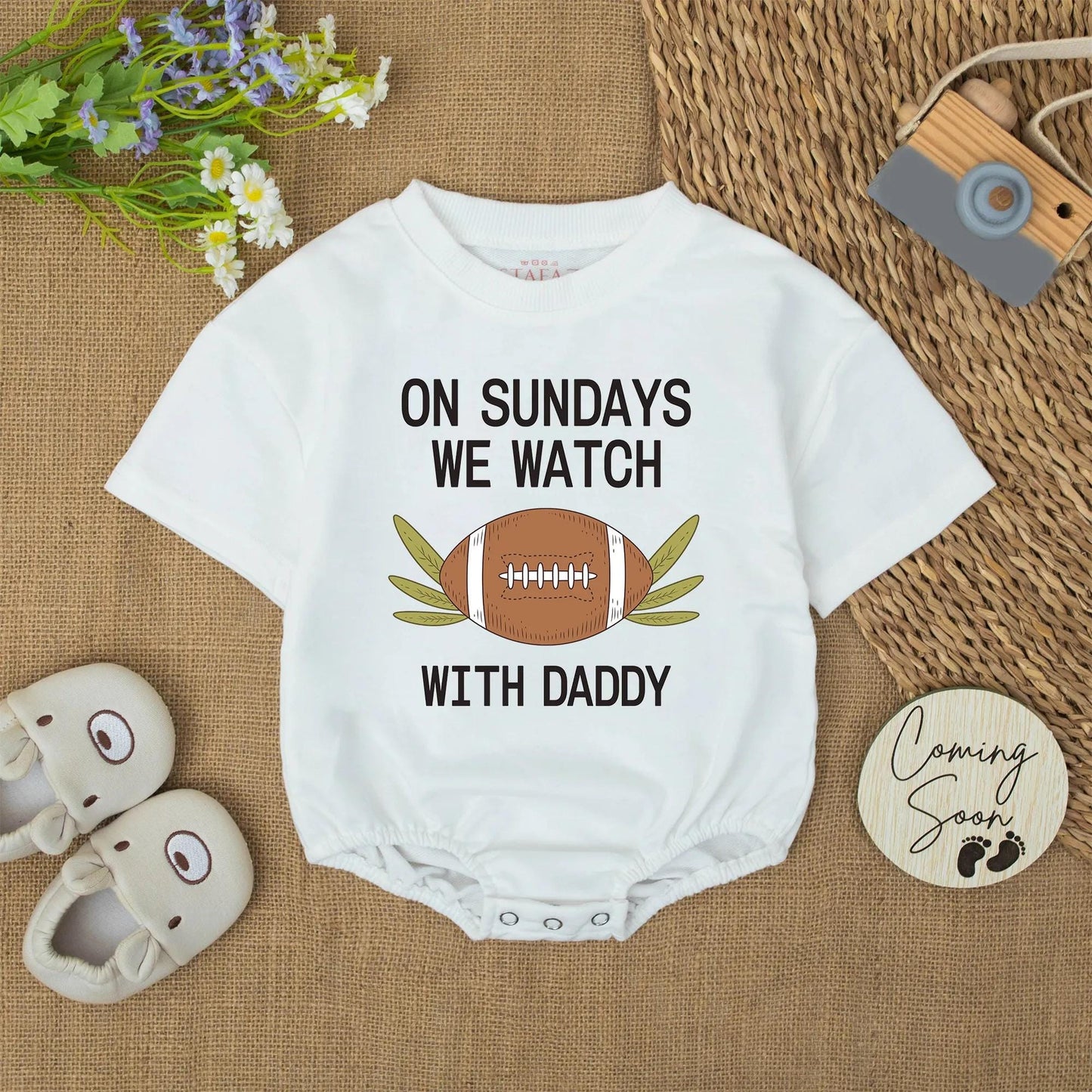 My First Game Day Football Romper, Daddy's Sunday Watching Buddy Onesie, Cute Baby Bodysuit Outfit, Black Text Football Design Soft Cotton 137