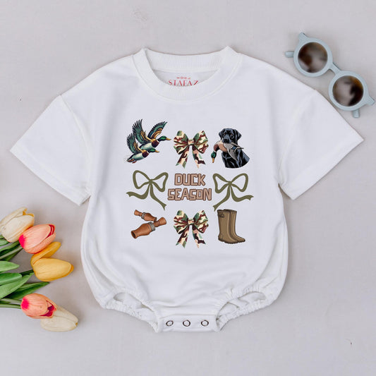 Duck Season Baby Romper: Camo Bows & Hunting Fun! Newborn Bodysuit Outfit, Outdoorsy Fall Gift, Labrador & Duckling Graphic Sweatshirt, Playful Coquette 139