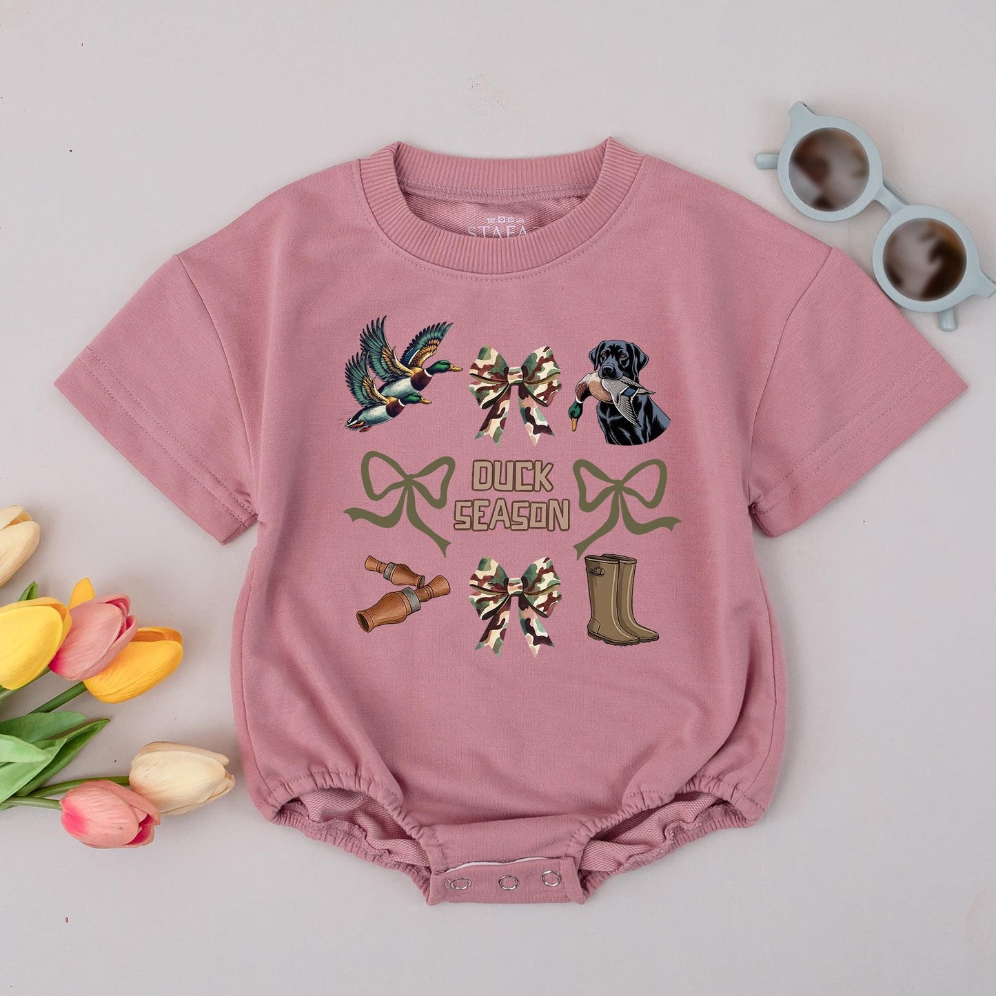 Duck Season Baby Romper: Camo Bows & Hunting Fun! Newborn Bodysuit Outfit, Outdoorsy Fall Gift, Labrador & Duckling Graphic Sweatshirt, Playful Coquette 139