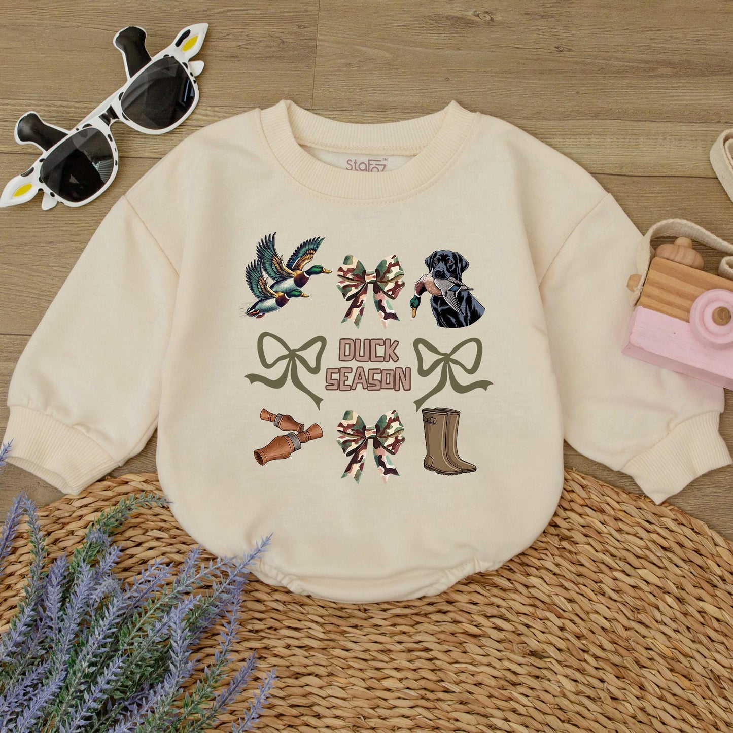 Duck Season Baby Romper: Camo Bows & Hunting Fun! Newborn Bodysuit Outfit, Outdoorsy Fall Gift, Labrador & Duckling Graphic Sweatshirt, Playful Coquette 139
