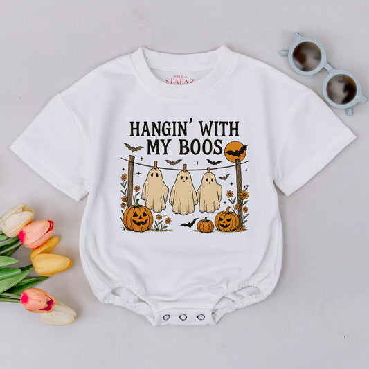 Hangin' With My Boos Halloween Romper Funny Ghost Baby Outfit, Pumpkin Bat Design, Autumn Colors Bodysuit, Cute Spooky Season Gift (138 chars)