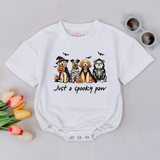 Spooky Paw Baby Romper Sweatshirt with Funny Dog Halloween Costume Design featuring Witch Mummy Vampire Skeleton Pups & Pumpkins for Fall Baby Boy Girl Gift