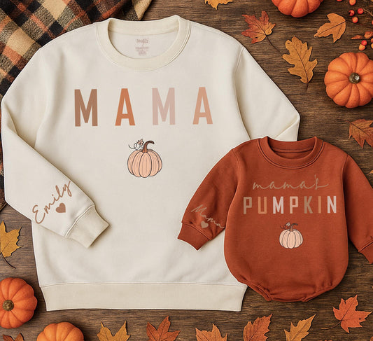 Mama & Pumpkin Matching Fall Sweatshirts, Thanksgiving Outfits, Custom Name Sleeve, Mom & Baby, Earthy Tones, Personalized Kids Shirt Gift (136)