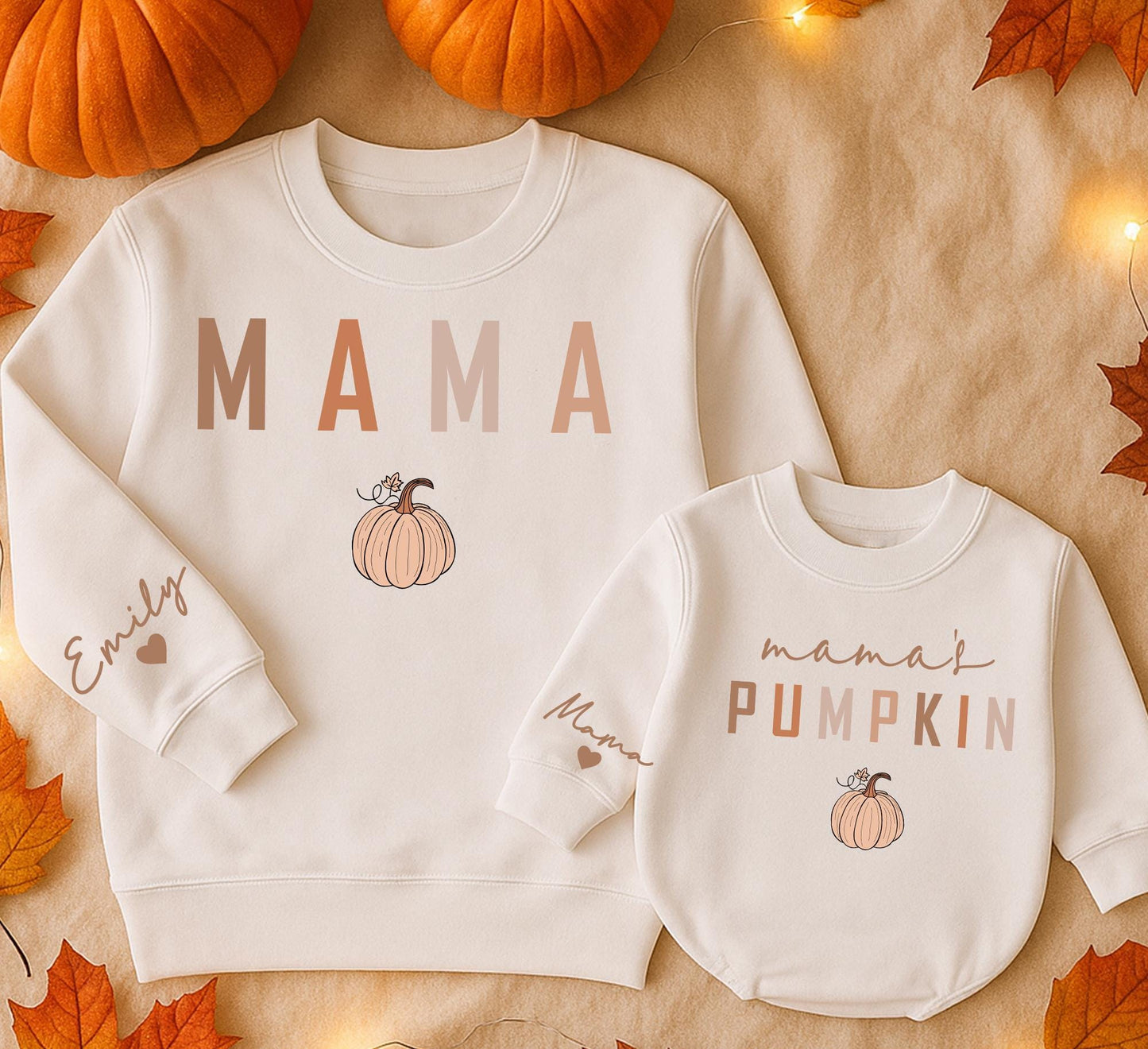Mama & Pumpkin Matching Fall Sweatshirts, Thanksgiving Outfits, Custom Name Sleeve, Mom & Baby, Earthy Tones, Personalized Kids Shirt Gift (136)