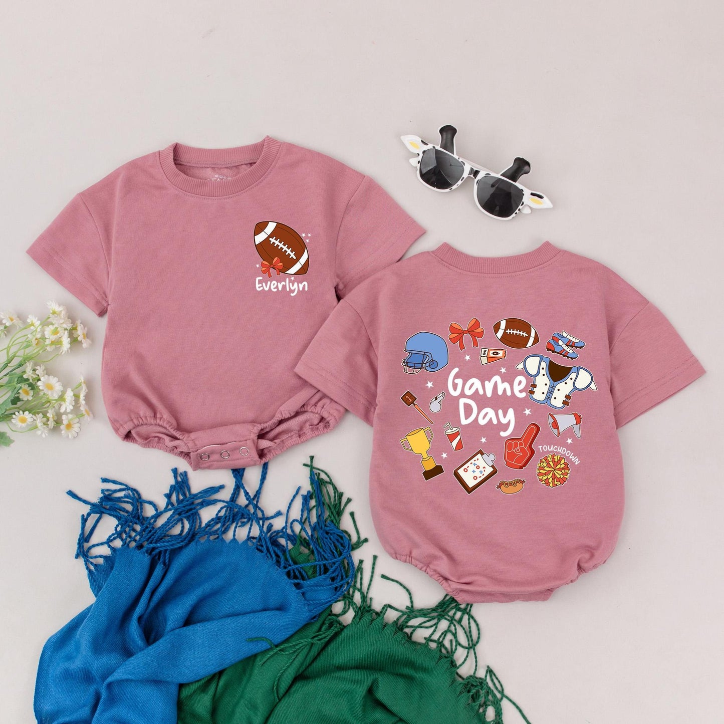 Personalized Everlyn Football Baby Romper Cute Game Day Outfit Retro Touchdown Girl Bodysuit Baby Shower Gift Bright Colors
