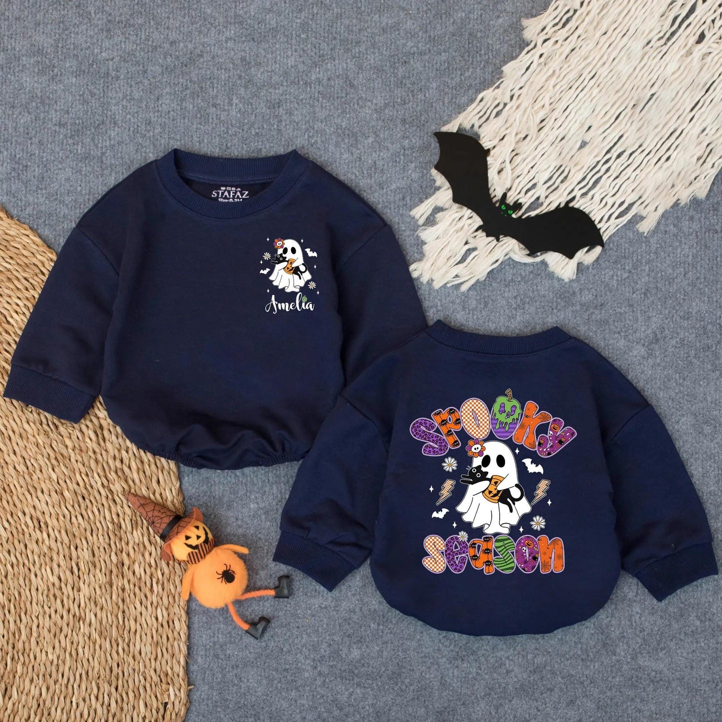Custom Spooky Season Baby Romper with Ghost & Black Cat Design Fall Halloween Outfit for Baby Girl Amelia Name Personalized Toddler Clothes Gift