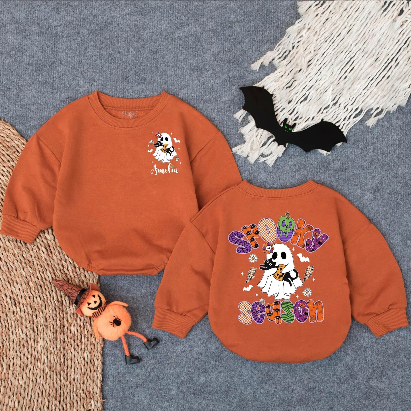 Custom Spooky Season Baby Romper with Ghost & Black Cat Design Fall Halloween Outfit for Baby Girl Amelia Name Personalized Toddler Clothes Gift