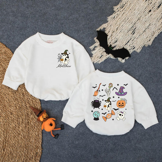 Spooky Season Bubble Romper, Boo Ghost Halloween Outfit for Baby Boy, Personalized with Name, Cute Fall Toddler Costume, Trick or Treat Gift, 138 chars