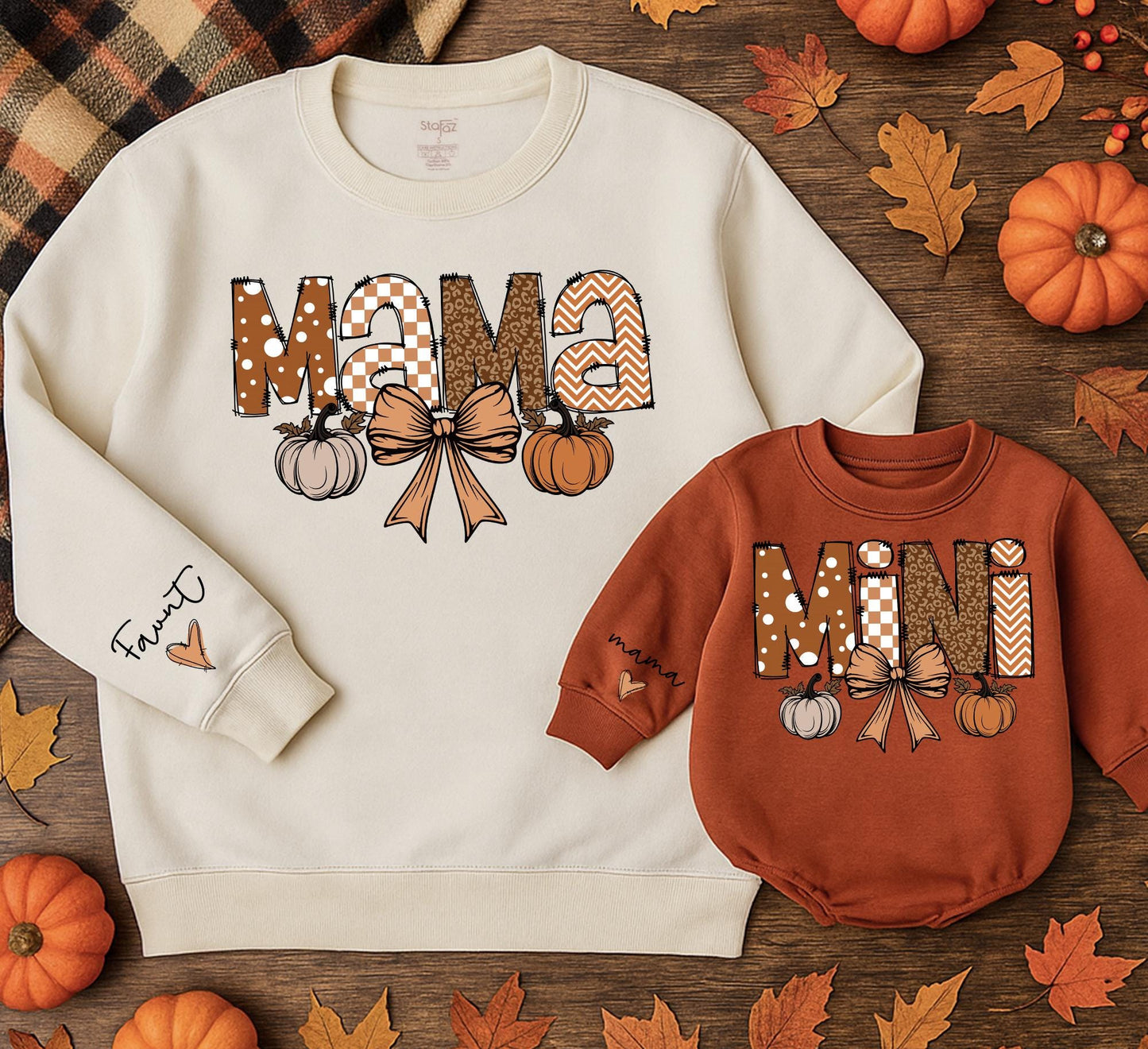 Retro Halloween Mama and Mini Matching Sweatshirts, Leopard Polka Dot Fall Outfit, Mom and Daughter Sweaters, Cute Bow & Pumpkin Design, Comfy (139 chars)