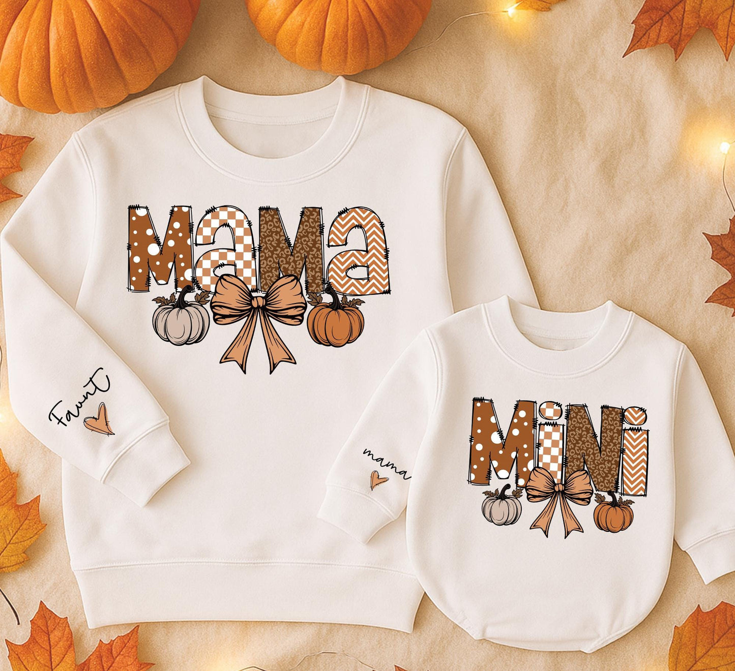 Retro Halloween Mama and Mini Matching Sweatshirts, Leopard Polka Dot Fall Outfit, Mom and Daughter Sweaters, Cute Bow & Pumpkin Design, Comfy (139 chars)