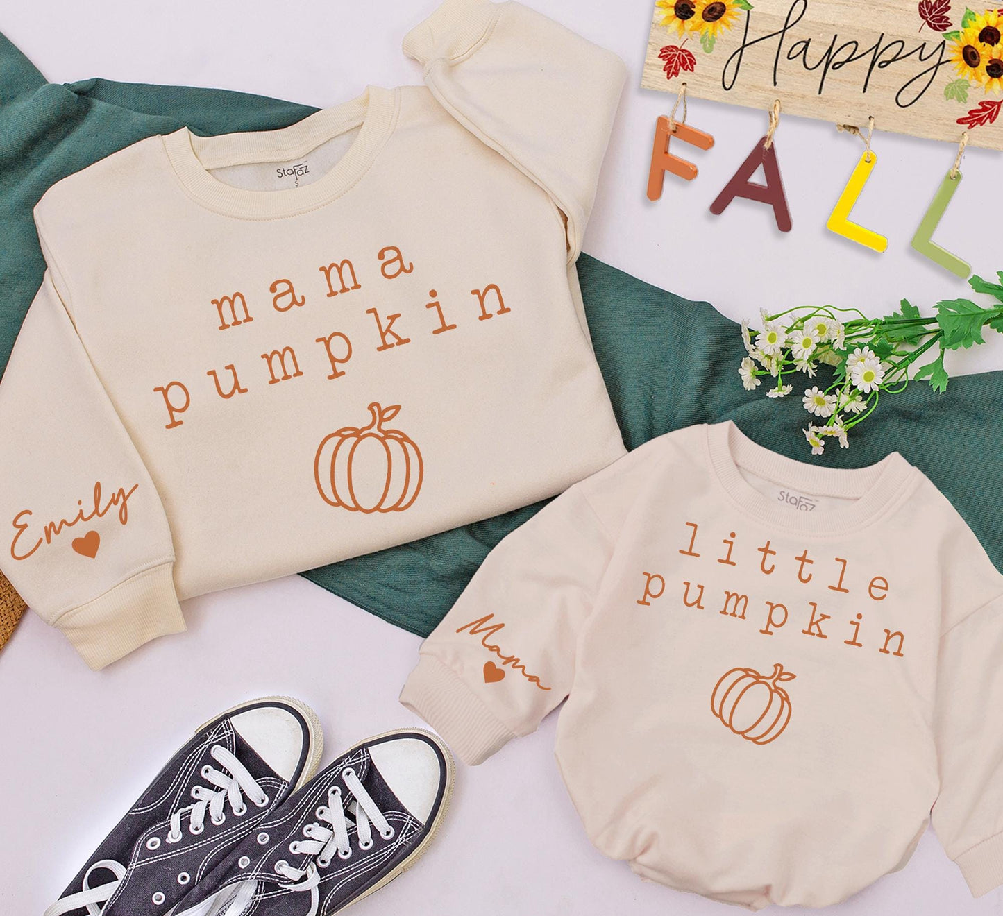 Mama Pumpkin Matching Sweatshirts, Retro Fall Family Outfits, Personalized Emily Sleeve, Mommy and Me Sweaters, Vintage Pumpkin Season Gift 139