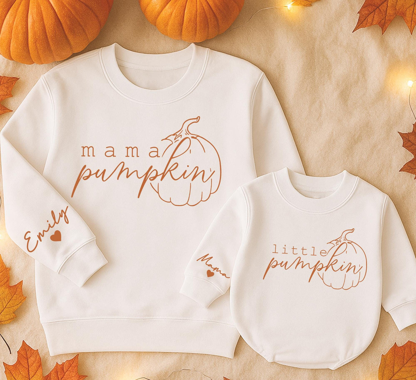 Retro Mama and Mini Pumpkin Sweatshirts Custom Name Sleeve Matching Family Fall Outfits Cozy Autumn Gift