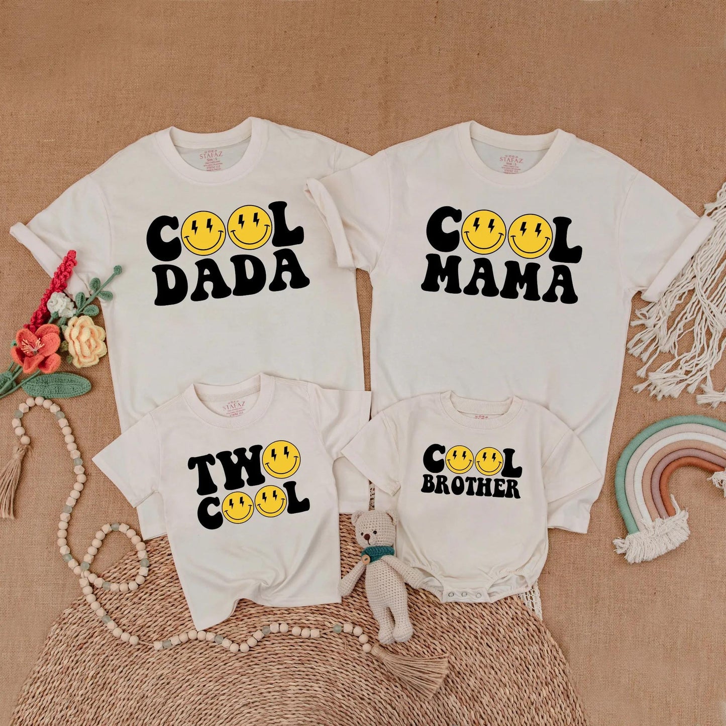 Two Cool Matching Family 2nd Birthday Shirts Yellow Happy Face Lightning Eye Retro Bubble Personalized Titles Soft Cotton Party Outfit