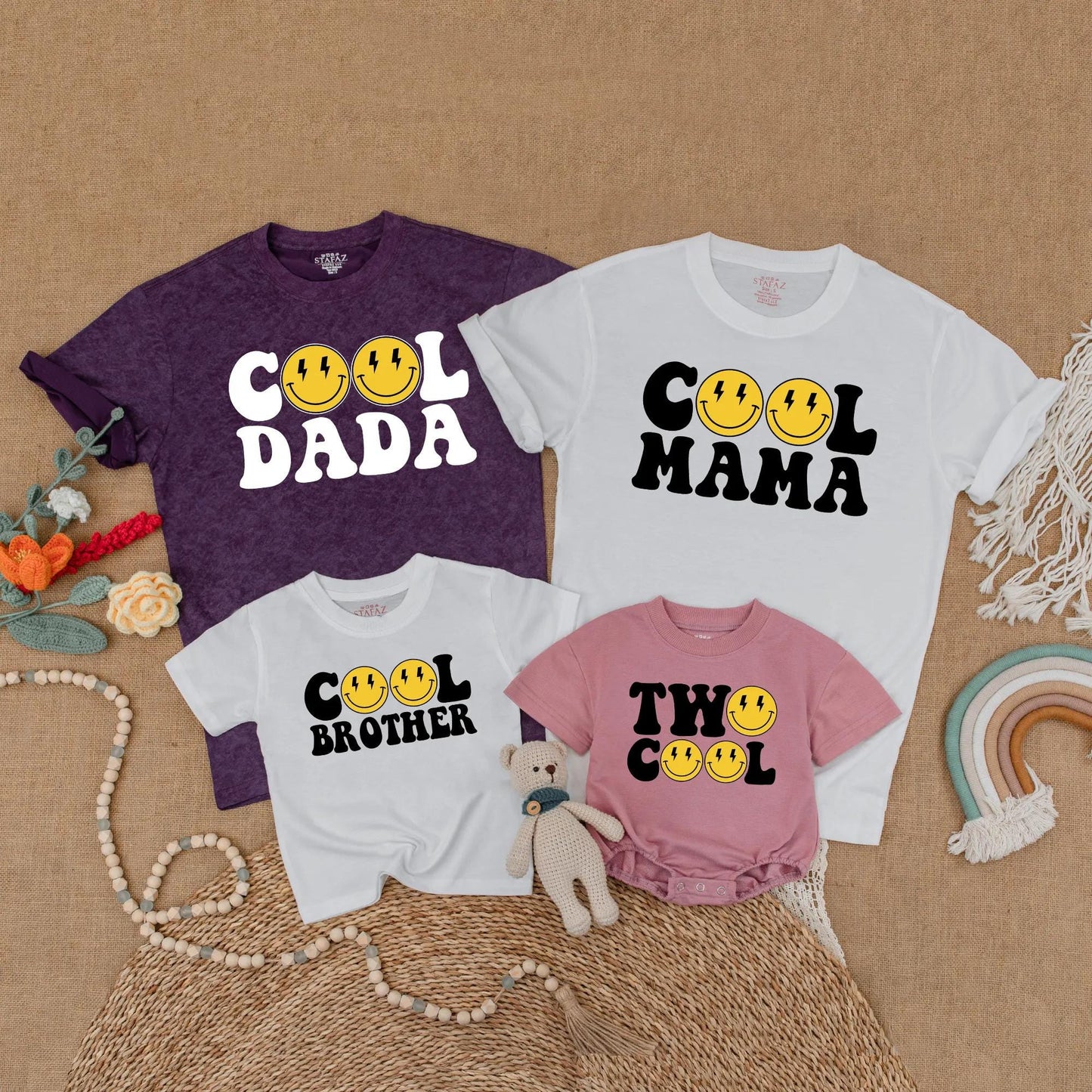 Two Cool Matching Family 2nd Birthday Shirts Yellow Happy Face Lightning Eye Retro Bubble Personalized Titles Soft Cotton Party Outfit