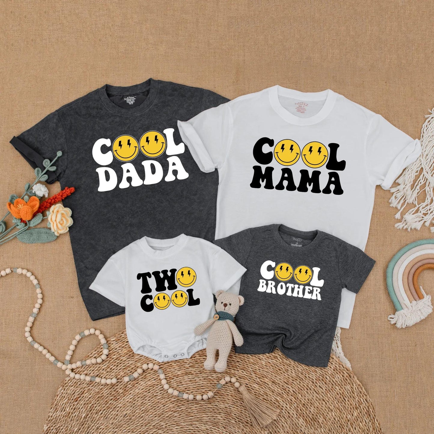 Two Cool Matching Family 2nd Birthday Shirts Yellow Happy Face Lightning Eye Retro Bubble Personalized Titles Soft Cotton Party Outfit