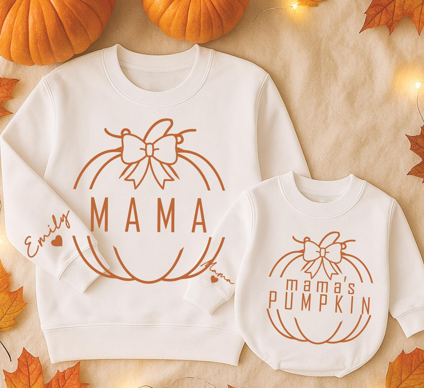 Matching Mama's Pumpkin Fall Sweatshirts for Mommy & Me - Rust 'Mama' + White 'Mama's Pumpkin' Design, Custom Fall Family Outfits (140 chars)