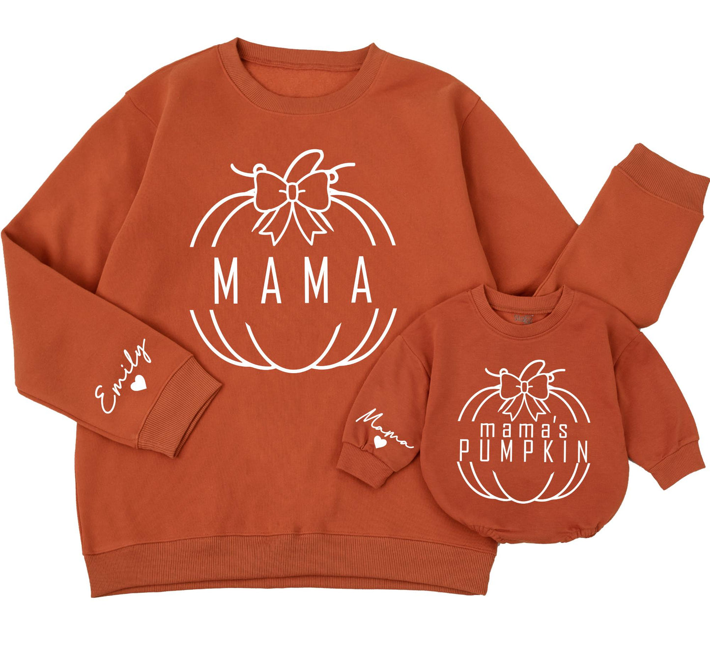 Matching Mama's Pumpkin Fall Sweatshirts for Mommy & Me - Rust 'Mama' + White 'Mama's Pumpkin' Design, Custom Fall Family Outfits (140 chars)