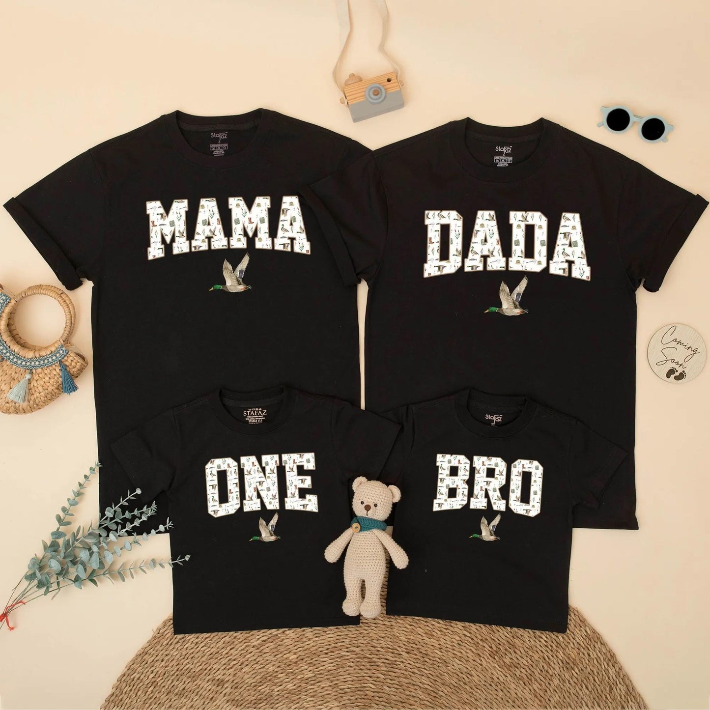Custom Duck Hunting Family Matching Shirts Mallard Outfit Mom Dad Bro First Birthday Boy Party Clothes Playful Outdoor Design