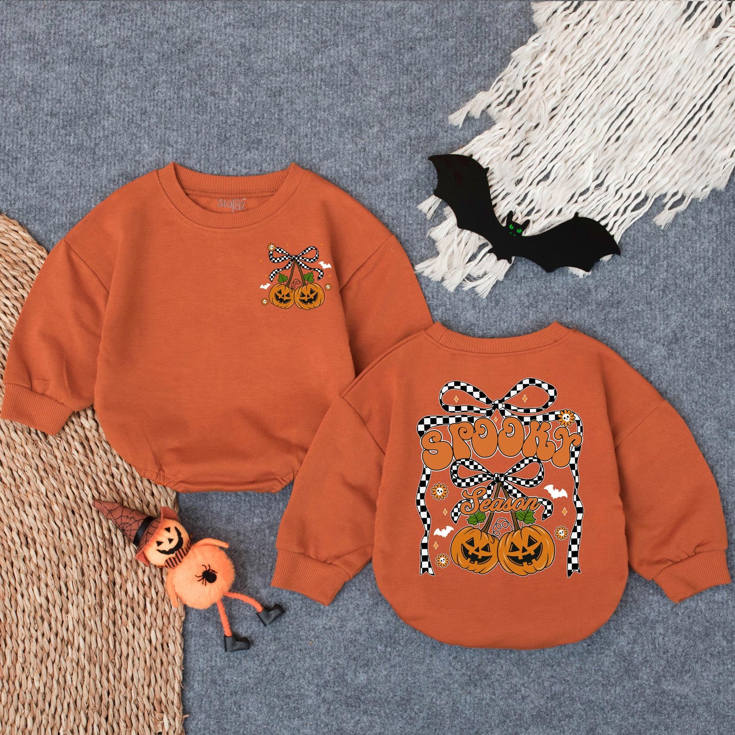 Spooky Season Pumpkin Romper, Cute Halloween Sweatshirt Outfit for Baby Girl or Boy, Checkered Bows Stars, Fall Toddler Clothes 138 chars