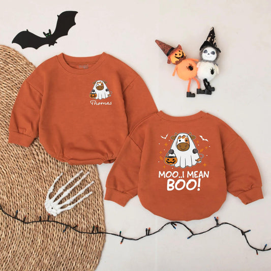 Personalized Moo I Mean Boo Halloween Baby Romper, Funny Cow Ghost Design Custom Name Infant Bodysuit, Cute Spooky Fall Outfit