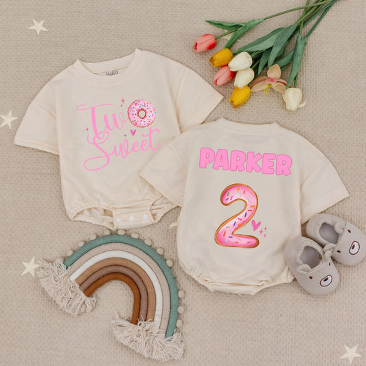 Sweet Donut Two Sweet 2nd Birthday Romper for Baby Girl, Adorable Toddler Celebration Bodysuit Outfit Gift for Her Special Party Celebration