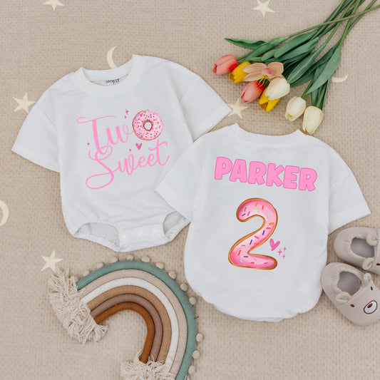 Sweet Donut Two Sweet 2nd Birthday Romper for Baby Girl, Adorable Toddler Celebration Bodysuit Outfit Gift for Her Special Party Celebration