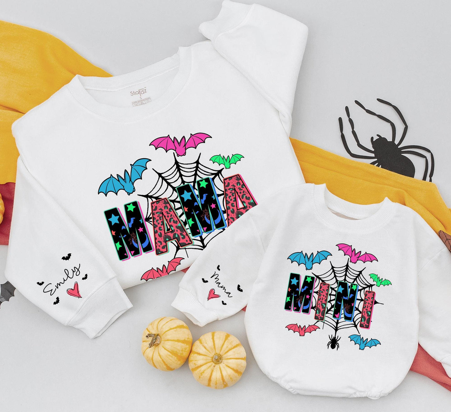 Mama and Mini Halloween Matching Sweatshirts Custom Sleeve Text Colorful Blue Pink Green Bats Black Spiderweb Fun Festive Family Gift