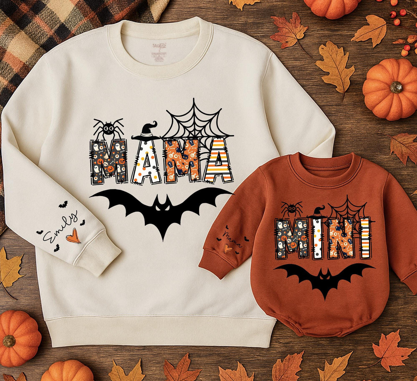 Mama & Mini Halloween Sweatshirts Spooky Spider Bat Witch Hat Orange Black Pattern Matching Family Outfits Gift