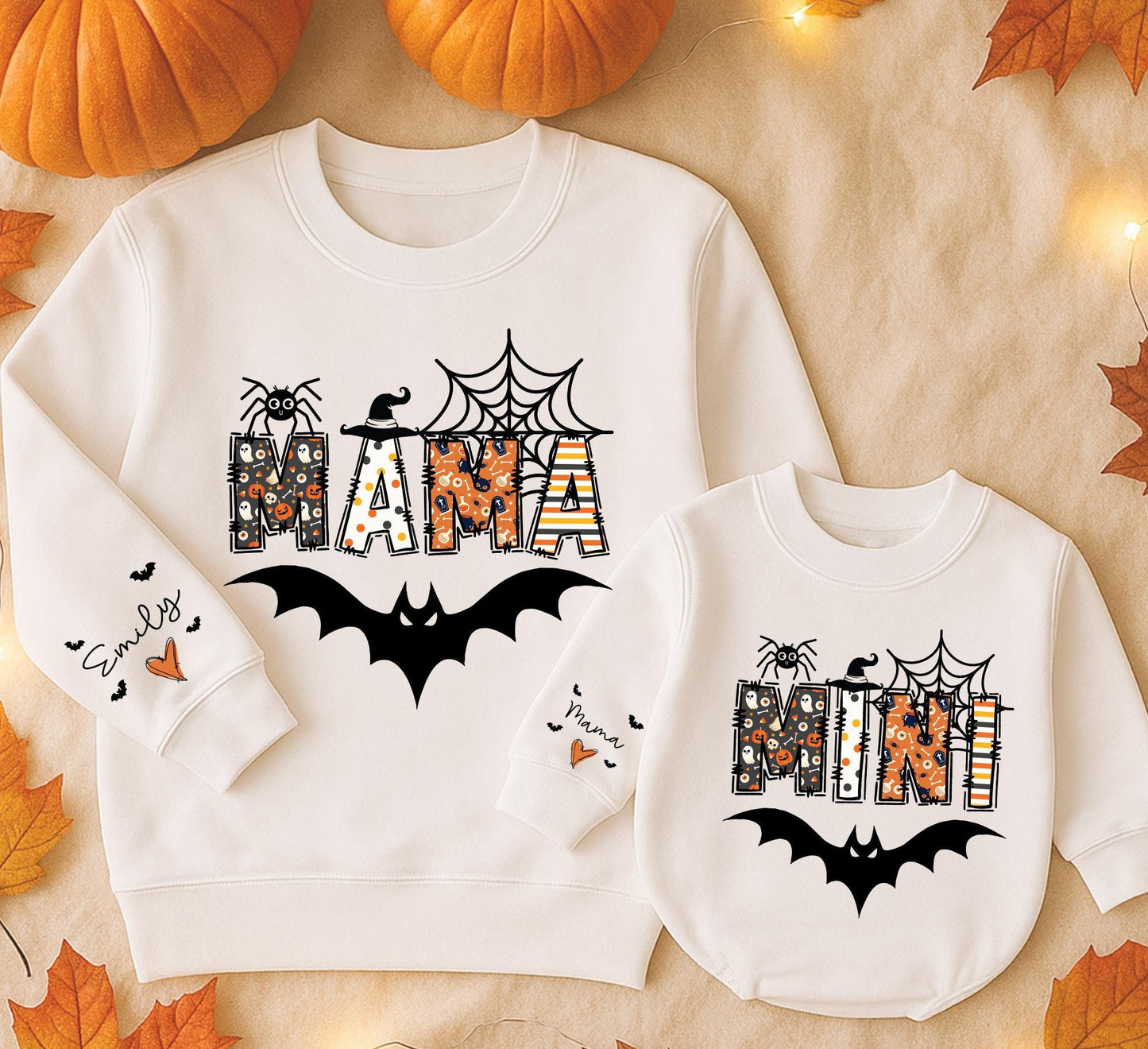 Mama & Mini Halloween Sweatshirts Spooky Spider Bat Witch Hat Orange Black Pattern Matching Family Outfits Gift