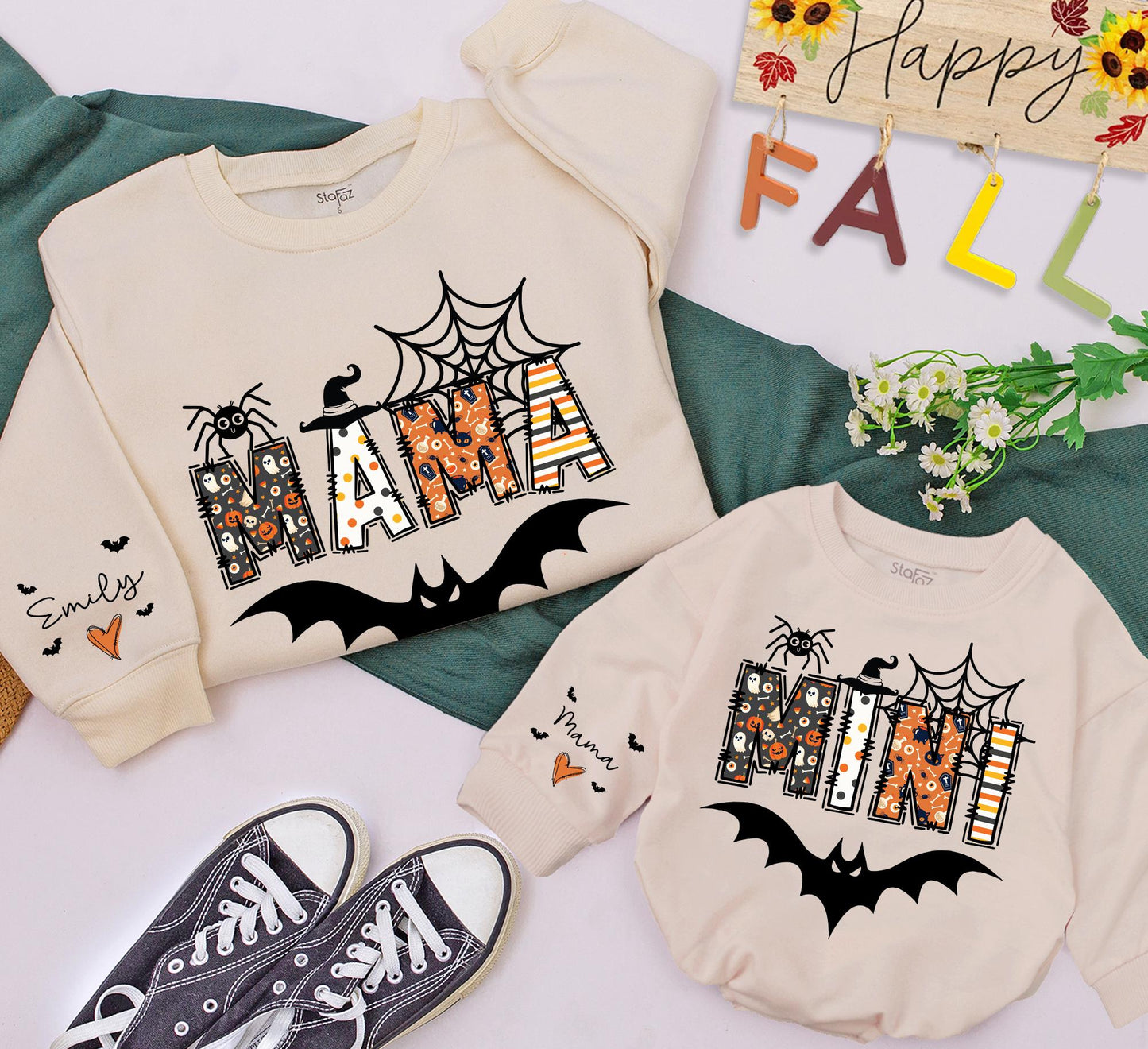 Mama & Mini Halloween Sweatshirts Spooky Spider Bat Witch Hat Orange Black Pattern Matching Family Outfits Gift
