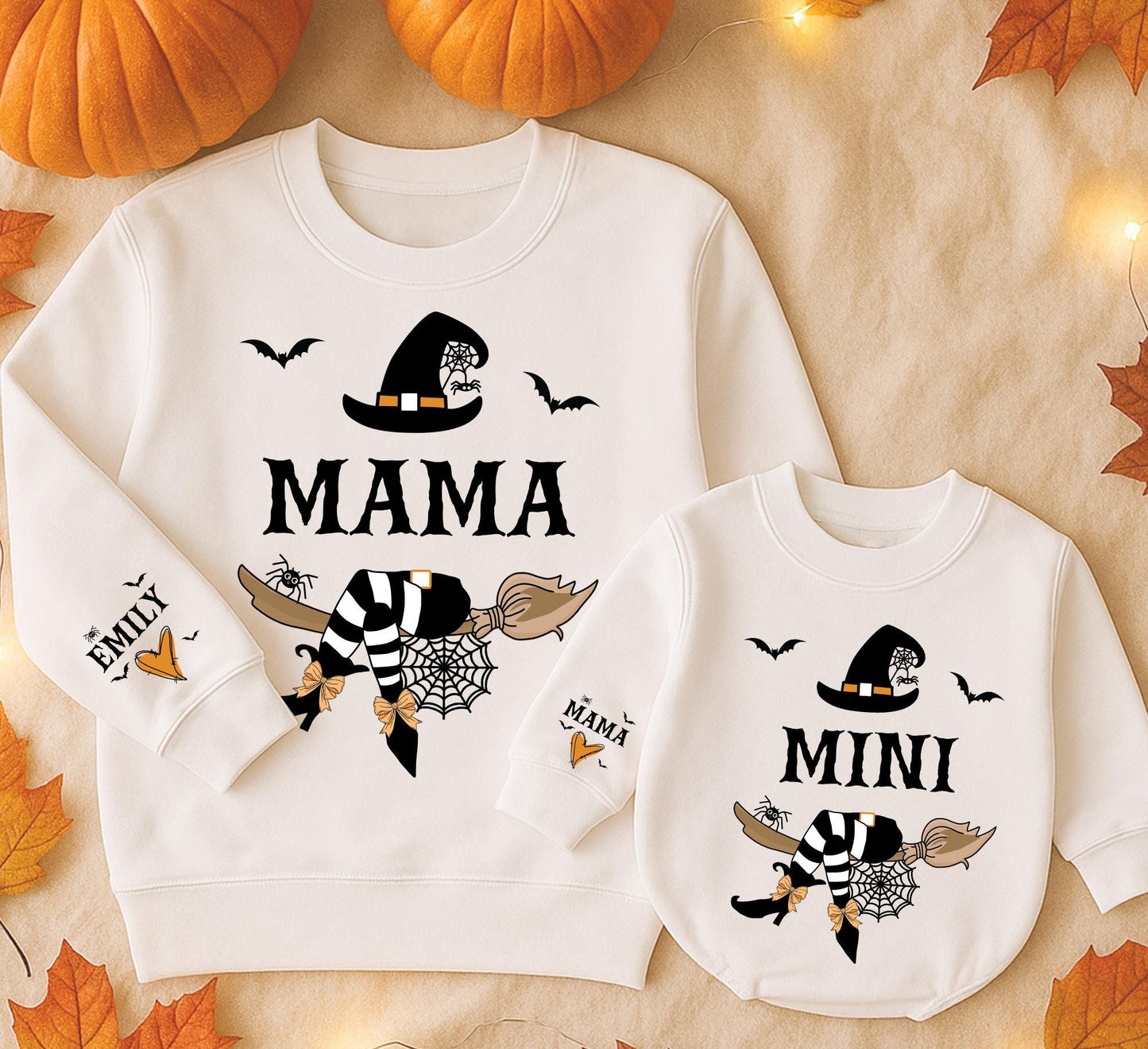Custom Mommy and Me Witchy Halloween Sweatshirts Baby Rompers with Mama Mini Bold Text Witch Hat Spiderweb Broom Bats Orange Design Personalized Sleeve