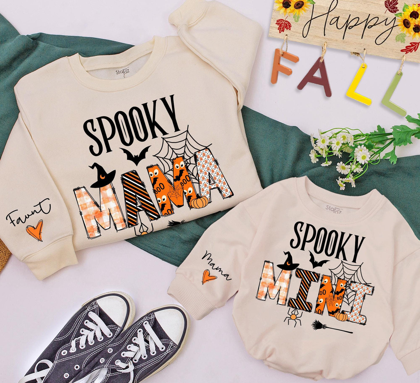 Spooky Mama & Mini Halloween Sweatshirts Family Matching Outfits, Orange Plaid & Pumpkin Design, Cozy Fall Gift for Mom & Baby