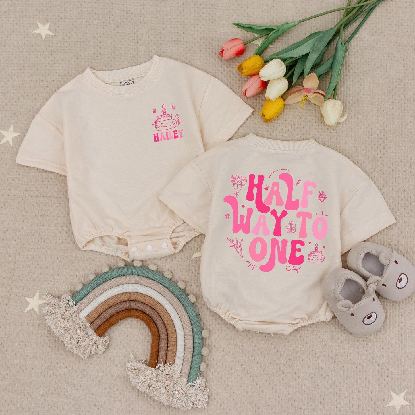 Custom Name Half Birthday Romper for Baby Girl Pink Bow Soft Cotton 6 Month Outfit Adorable Personalized Gift