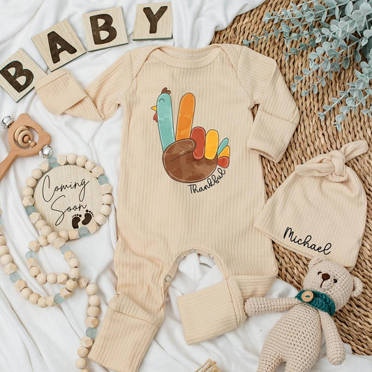 Thankful Turkey Baby Bodysuit First Thanksgiving Outfit Cute Fall Romper Personalized Name Baby Shower Gift Autumn Baby Shirt