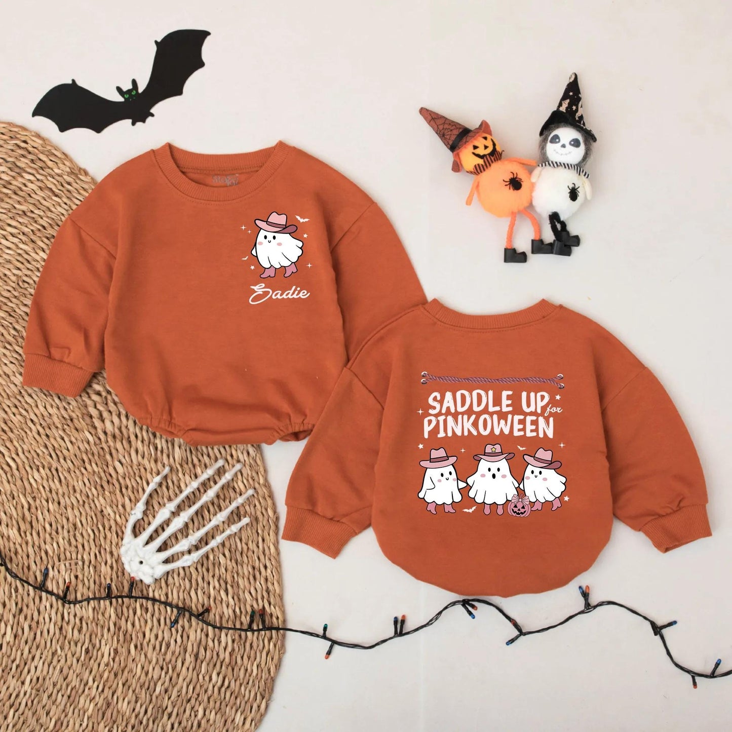 Personalized Baby Girl Pinkoween Romper Western Ghost Cowboy Hat Cute Halloween Outfit Saddle Up Boo Bodysuit with Stars Bats Pumpkin Design
