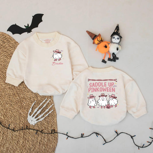 Personalized Baby Girl Pinkoween Romper Western Ghost Cowboy Hat Cute Halloween Outfit Saddle Up Boo Bodysuit with Stars Bats Pumpkin Design