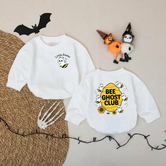 Personalized Little Emma Bee Ghost Romper - Cute Halloween Baby Bodysuit - Spooky Buzz Boo Outfit - Yellow & Black Cartoon Ghost Bee Clothes 138 chr