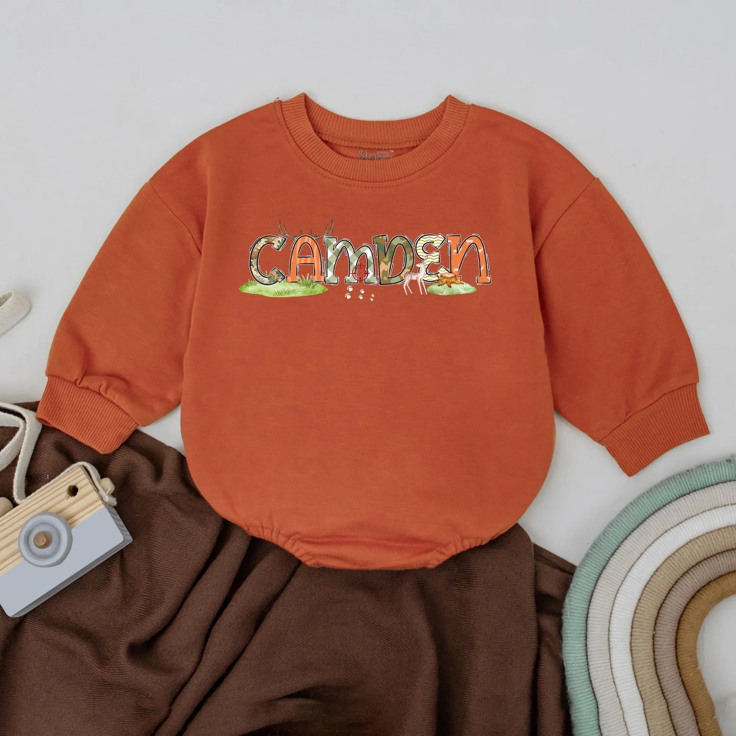 Personalized Deer Hunting Baby Romper with Custom Name Bubble Bodysuit Rustic Country Boy Outdoor Fall Outfit Comfortable Shower Gift