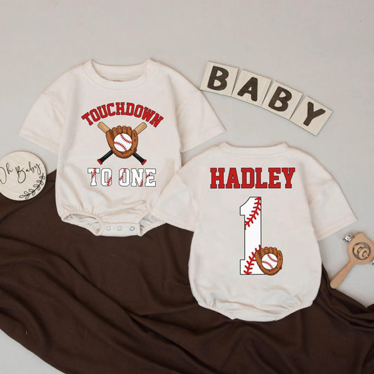 Personalized First Birthday Baseball Football Baby Boy Sports Romper Outfit with Custom Name Touchdown to One Design Baby Shower Gift