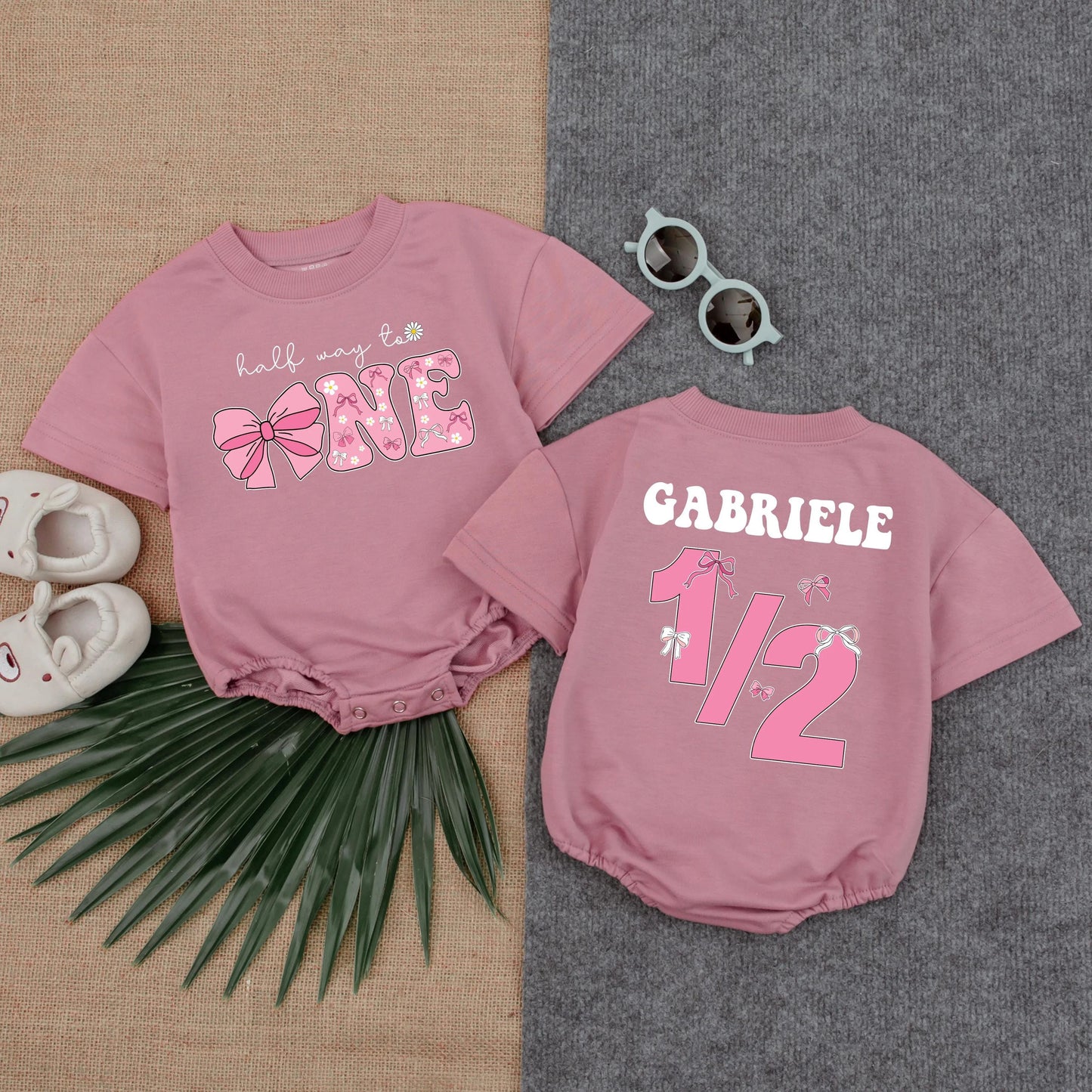 Personalized Half Way To One Pink Bow Romper 6 Months Birthday Outfit Girl Bodysuit Milestone Gift
