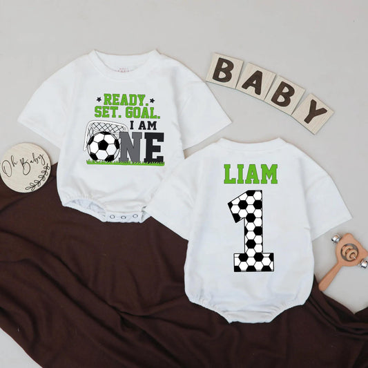 Personalized Baby Boy Soccer First Birthday Romper "Ready Set Goal I Am One" Design with Name, Soft Cotton Jersey Bodysuit Gift