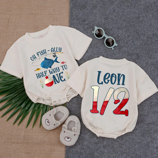 Personalized Oh Fish-ally Half Birthday Romper for Baby Boy 6 Month Fishing Outfit with Custom Name Infant Gift